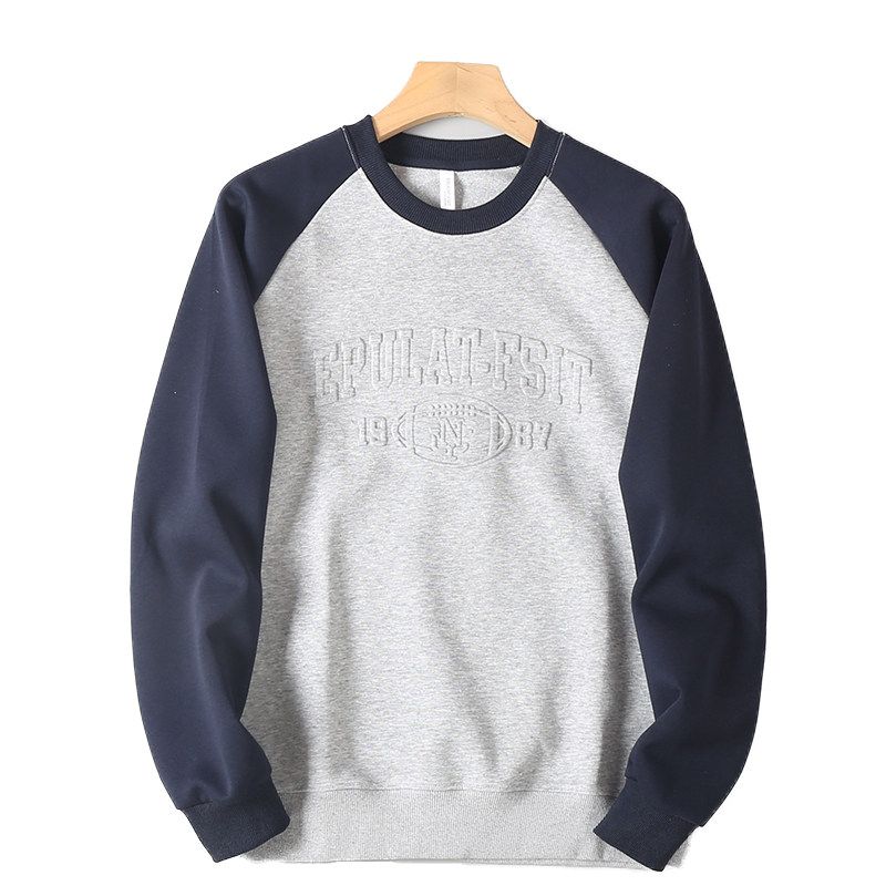 Men's Export Surplus Color-Blocked Raglan Sleeve Crewneck Pullover Sweatshirt with 3D Embossed Design for Spring and Autumn Casual Sports Wear