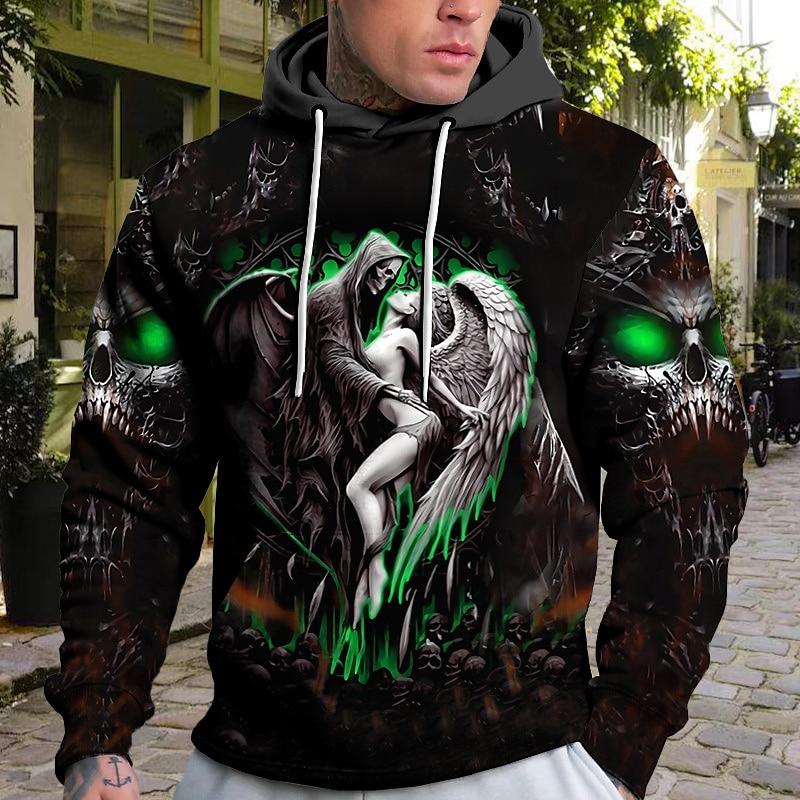 Осенняя новинка, мужская тонкая толстовка с капюшоном с 3D-принтом, повседневная удобная толстовка с капюшоном с 3D-цифровым принтом «Смерть и ангелы» для мужчин
