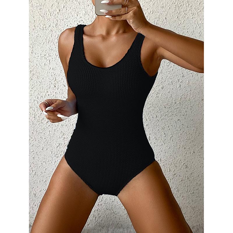 Summer Fashion Solid Color Fluorescent Pleated Fabric Wave Strip One-piece Swimsuit Beach Vacation Women's Swimsuit