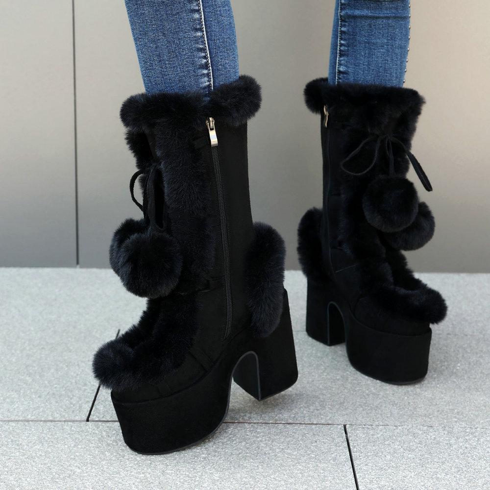 Lovely Lolita Mid-Calf Boots Women's Platform Thick Heels Sweet White Show Party Cosplay Ladies Fur Zipper Boots Pom-pom Pendant