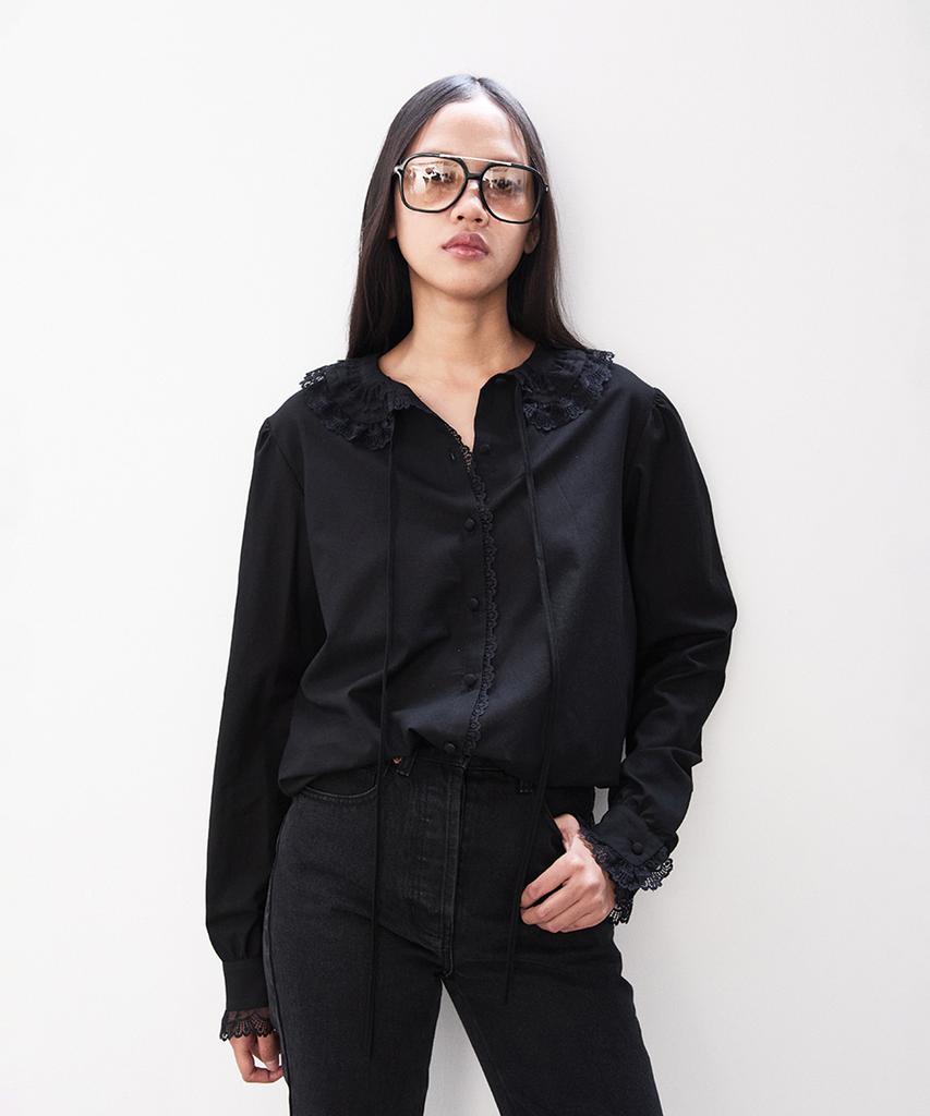 M.M.M Lace Neck Cotton Blouse_Black