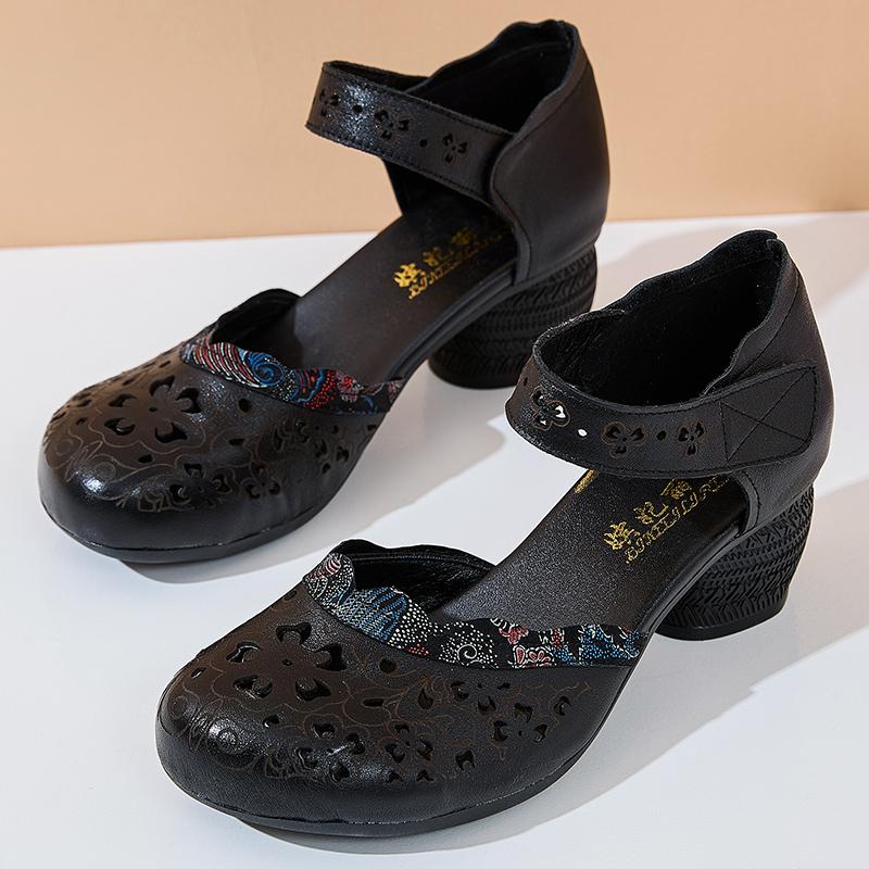 Fashion GKTINOO 2025 New Women Sandals Summer Genuine Leather Hollow Thick Heels Sandals Retro Non-slip Round Toe Casual Soft Sole Shoes