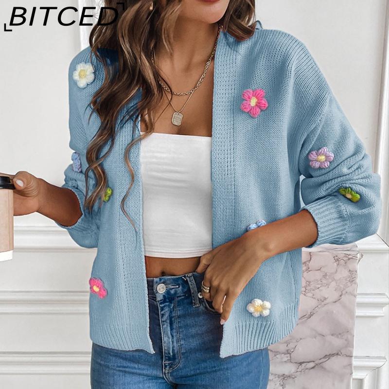 BITCED Hand-Crocheted Floral Sweet Knit Cardigan Sweater Jacket for Women Lazy-Chic Style Casual Oversized Knitwear