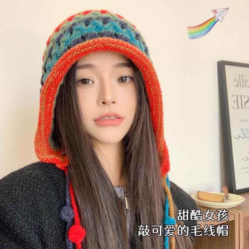 Handmade Women's Knitted Headgear Autumn and Winter Color Fringed Ball Lace-up Ear Protector Hollow Knitted Wool Cap