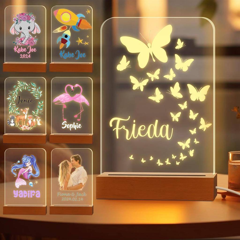Персонализированный ночник для детей, выгравированное имя, акриловые светодиодные лампы с деревянной основой для детской спальни, декоративный ночник, индивидуальный день рождения