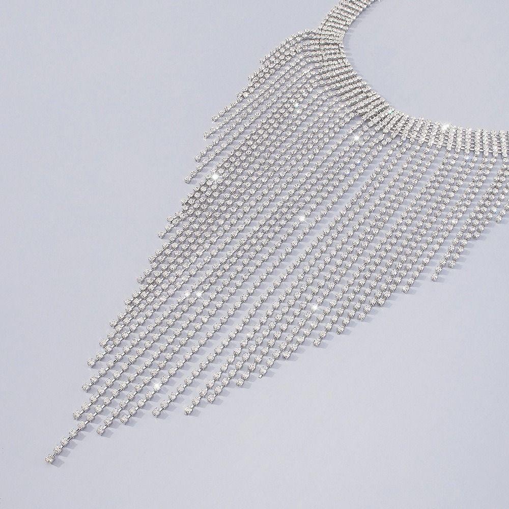 Geometric Long Tassel Necklace Sparkling Clavicle Chain Sweet Full Rhinestone Necklace Women