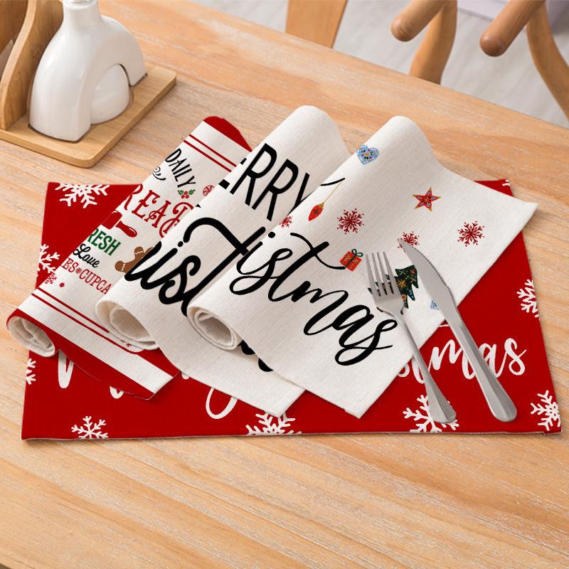 Christmas Print Cotton Linen Placemat – Heat Insulating, Waterproof Fabric for Kitchen Table Decor