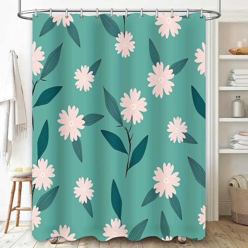 Floral Pattern Shower Curtain Decor Bathroom Waterproof Fabric Decoration Home Decorative Accessories Green with Pink Flowers Si
