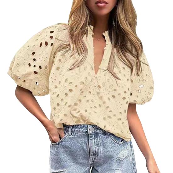 Женская рубашка с воротником-стойкой и V-образным вырезом, коротким рукавом, ажурным вышитым цветочным узором, кружевная блузка, повседневные нарядные топы