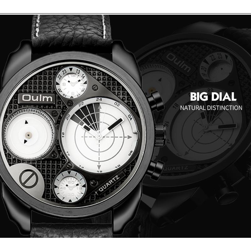 Oulm Мужские кварцевые часы с большим циферблатом, мужские часы из натуральной кожи с двумя часовыми поясами, новые
