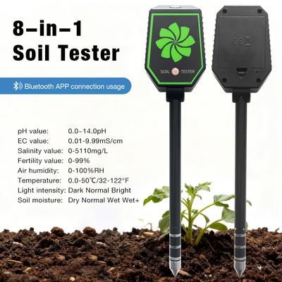 Bluetooth 8 в 1 Тестер почвы Измеритель почвы pH EC Соль Плодородие Влажность Влажность воздуха Температура Измеритель интенсивности света Управление через приложение
