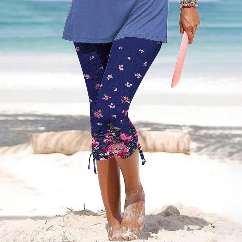 Women Summer Casual Pants Prints Cycling Short Elastic Waist Casual Vacation Skinny Leggings Cropped Trousers