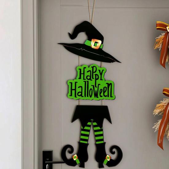 Happy Halloween Welcome Witch Sign Hanging Wooden Legs Hat Wall Decor Rustic