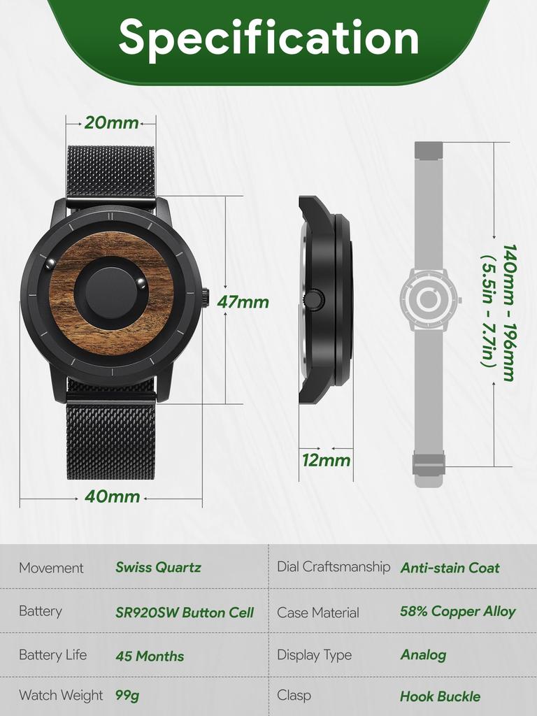 Деревянные магнитные часы Модные спортивные кварцевые часы с черным циферблатом Черный браслет из нержавеющей стали Сетчатый ремень [EUTOUR] Мужские