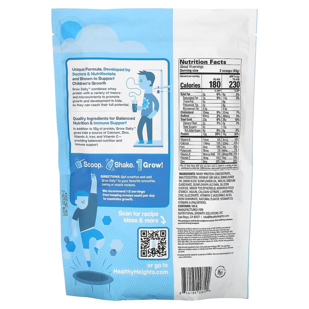 Healthy Heights, Grow Daily, Whey Protein and Nutrition Mix, For Children Ages 3+, Plain, 21.7 oz (616 g)
