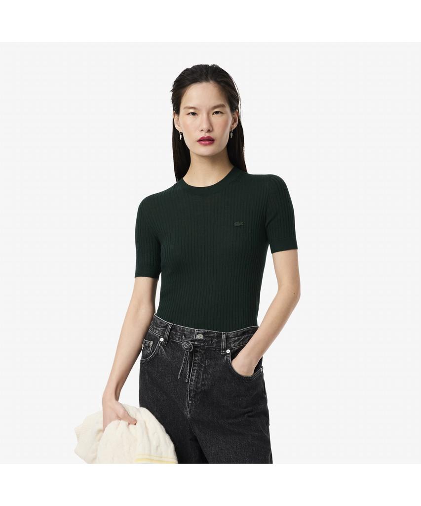 LACOSTE Women'S Ribbed Merino Wool Short Sleeve Sweater Af4146-55N Yzp