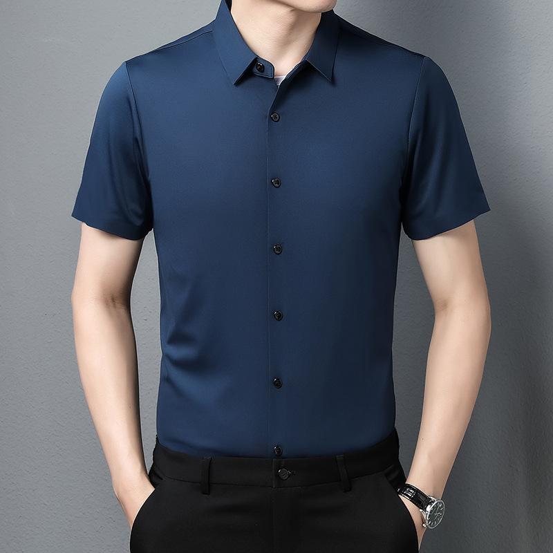 Летняя новая бесшовная рубашка с тесьмой, мужская, с короткими рукавами, модная, эластичная, однотонная, деловая, не требующая глажки, мужская рубашка
