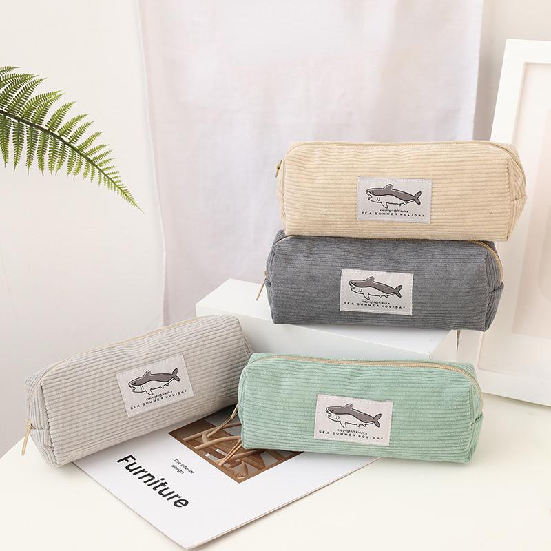 Милые пеналы в виде акулы, удобные пеналы из вельветового материала, простой полосатый узор, студенческий держатель для канцелярских принадлежностей