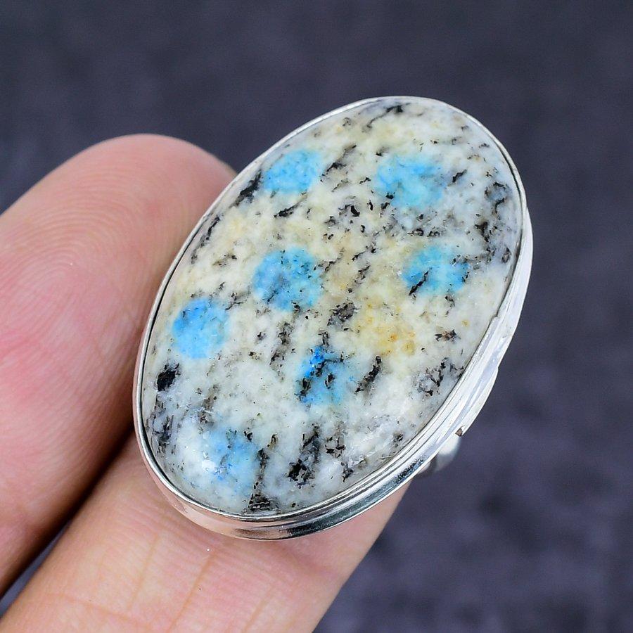 K2 Голубой Азурит Драгоценный камень Ручной работы 925 Стерлинговое серебро Ювелирное кольцо Размер 7 G2T86