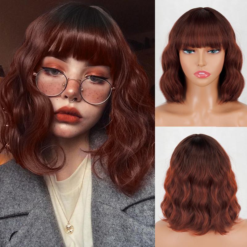 LISI HAIR Short Wave Bob Pink White Gradient Wig with Bangs Synthetic Fiber Short Wavy Daily Wear Cosplay Wig for Women