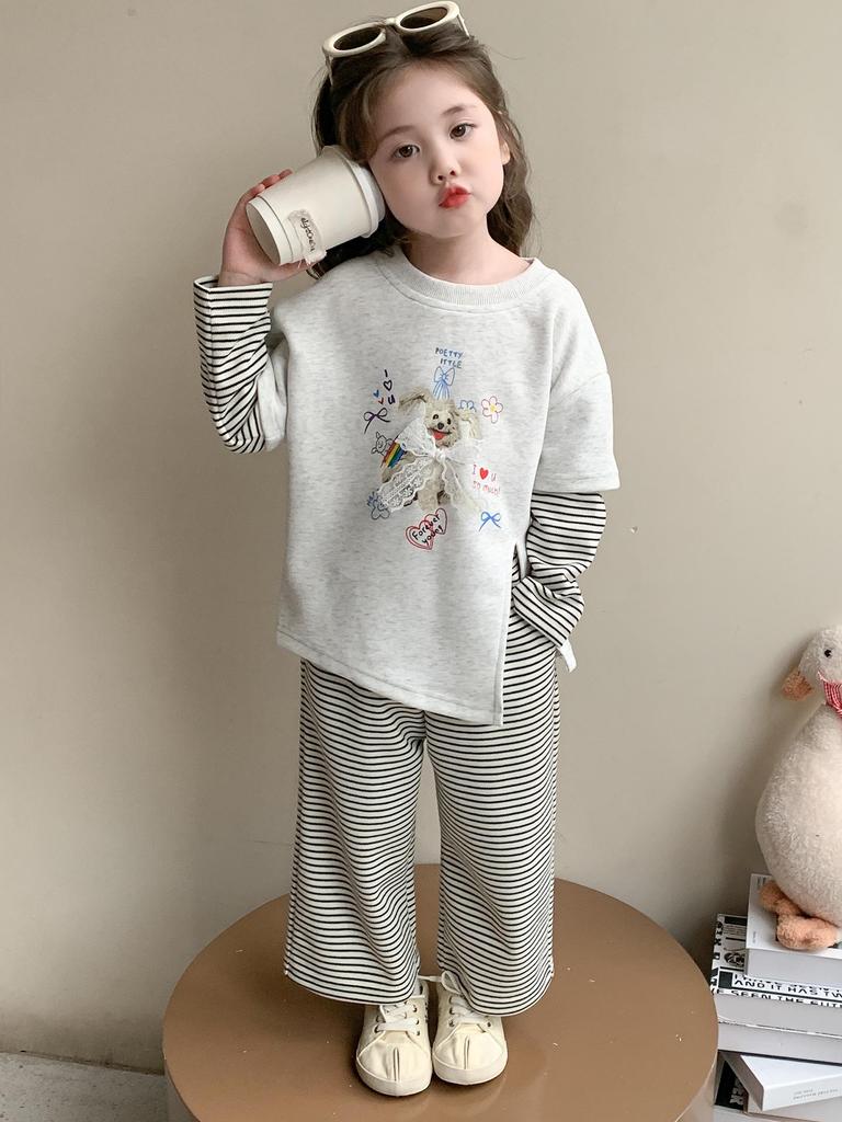 Осень 2025 Комплект для девочек свитшот и спортивные штаны с цветными блоками - Полосатый костюм-двойка с длинным рукавом