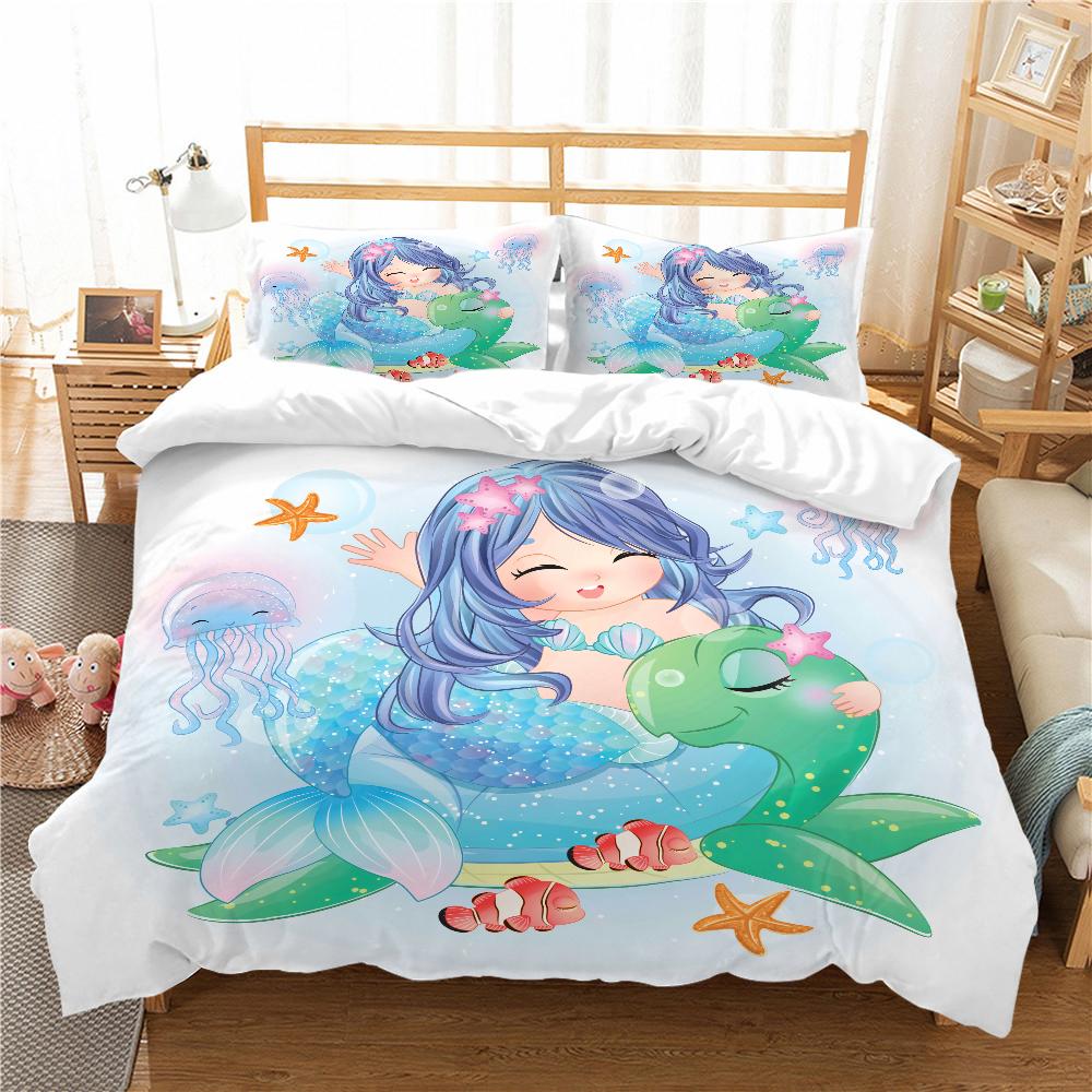 Mermaid Bedding 3D Girl Princess Room Duvet Cover Pillowcase 2/3pcs Single/double Bed Full-size Home Textile Girl Woman Gift