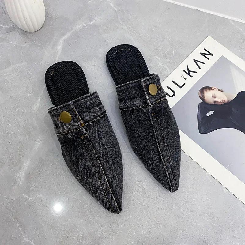 Fashion Washed Denim Flat-bottomed Bag Head Slippers, Women Wear Large-size Pointed Mueller Half-tow Single Shoes