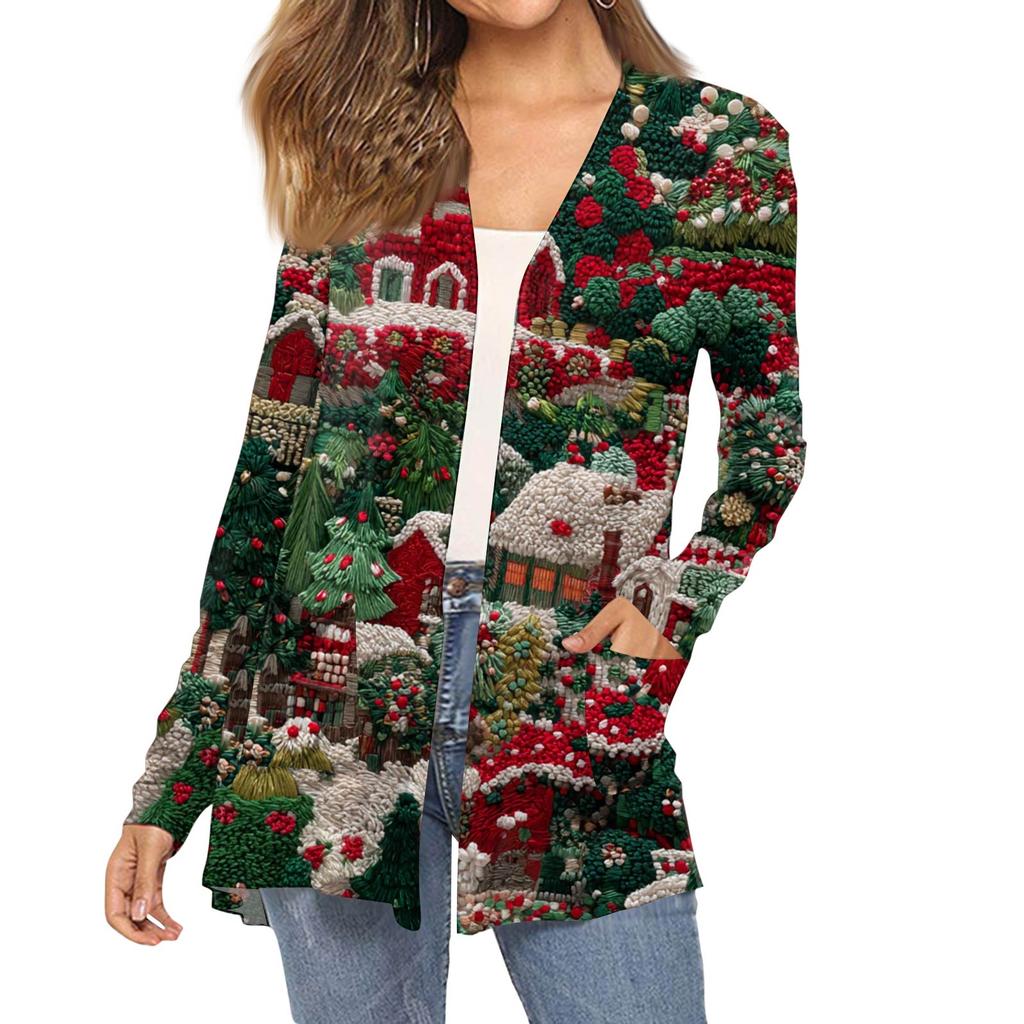 Женский модный кардиган-пальто с длинным рукавом, карманами, приталенного силуэта и рождественским принтом