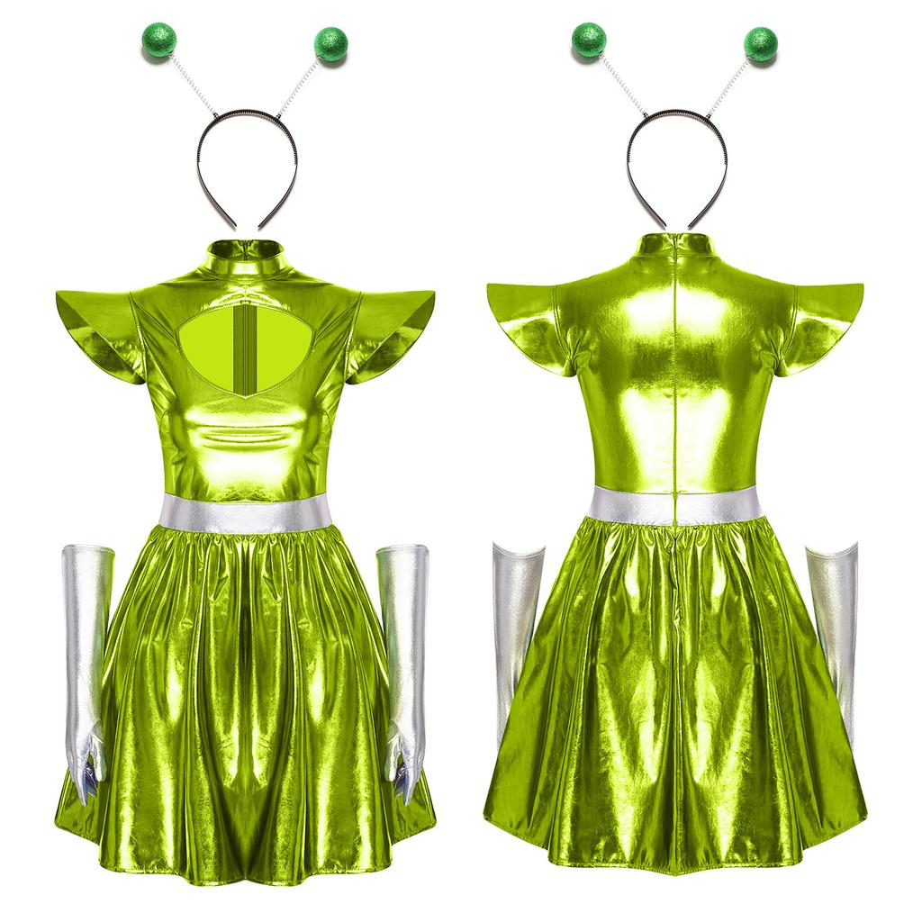 Adult Women Silver Astronaut Costume Alien Tutu Dress Suit Space Cadet Leotards Dress for Halloween Cosplay Theme Party Dress-up