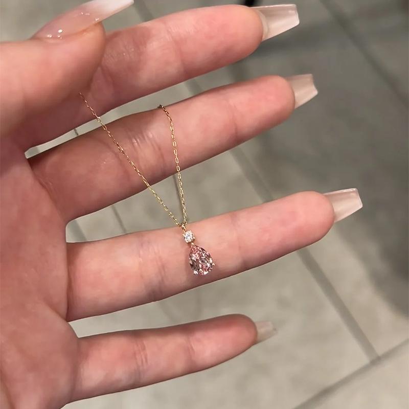 Minimalist Korean Sweet Pink Water Drop Necklace Minimally Exquisite Sparkling Clavicular Chain for Women
