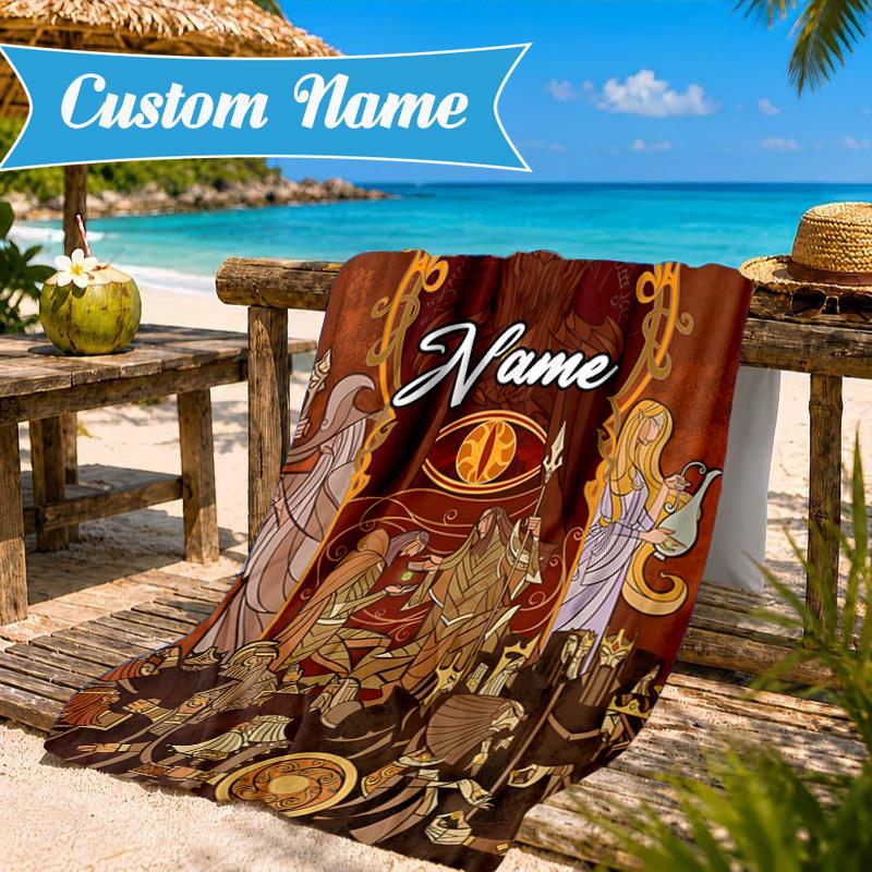 Custom Name Flame Sword: Lord Battle Heart In Space Adventure Microfiber Beach Towel, Lightweight for Summer Travel, Swimming Pool Fan Gift