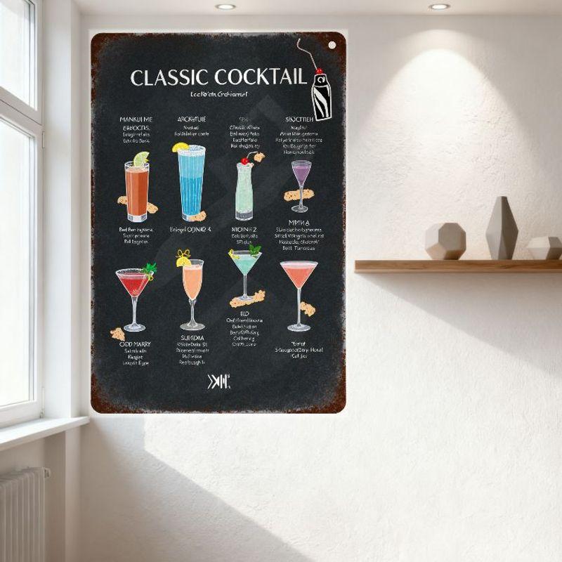 Vintage Classic Cocktail Collection Metal Tin Sign Bar Pub Home Wall Decor with 10 Drinks Illustration Retro Cocktail Shaker Des