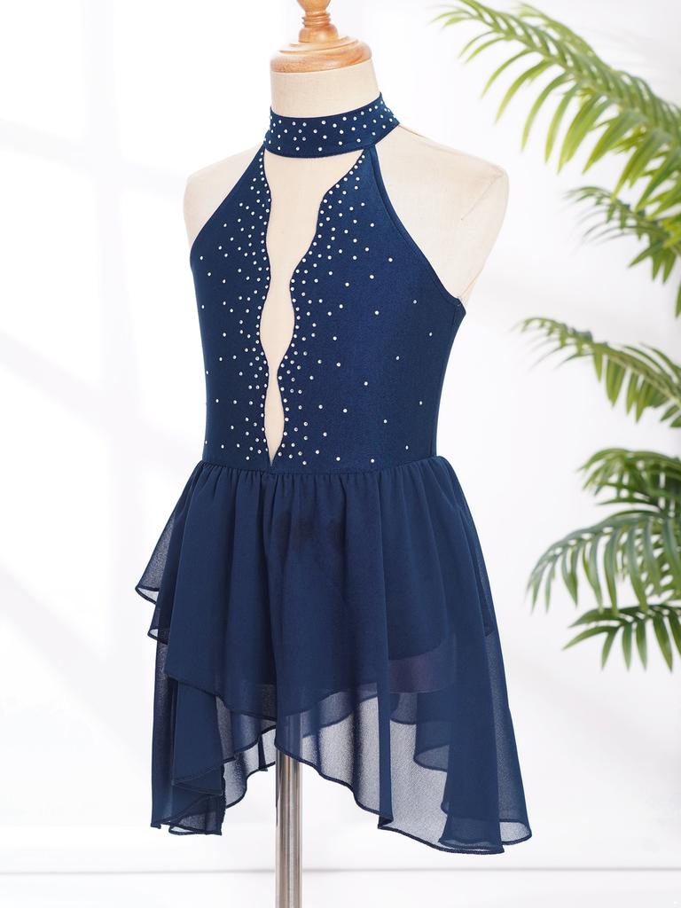 Kids Girls Rhinestone Lyrical Dance Costume Sheer Mesh Patchwork Sleeveless Irregular Hem Dress Dancewear