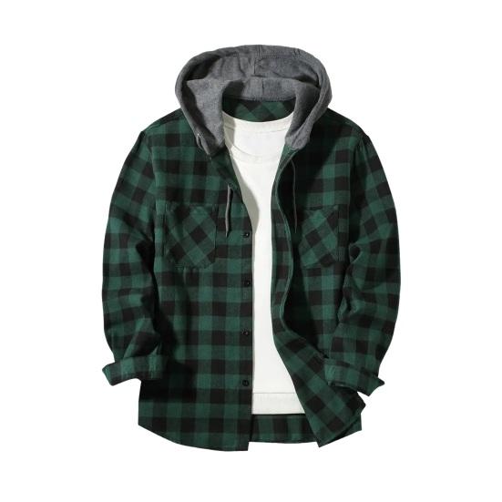 Fall Spring Men Shirt Hooded Drawstring Long Sleeves Color Matching Plaid Print Single-breasted Daily Wear School