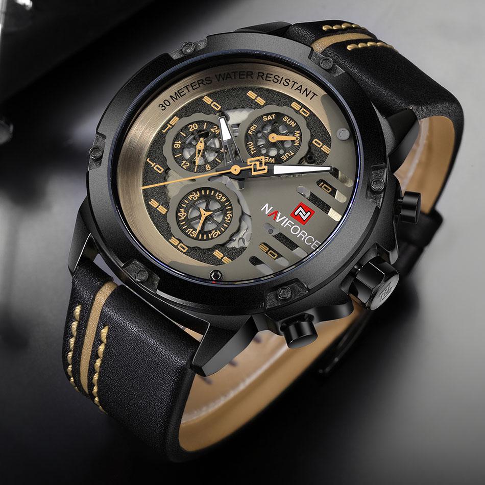 Мужские стильные кварцевые часы с кожаным ремешком