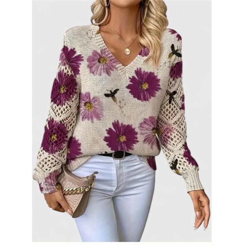 Women V Neck Knit Sweater Romantic Blossom Floral Print Hollow Out Loose Long Sleeve Pullover Autumn Winter Casual Top