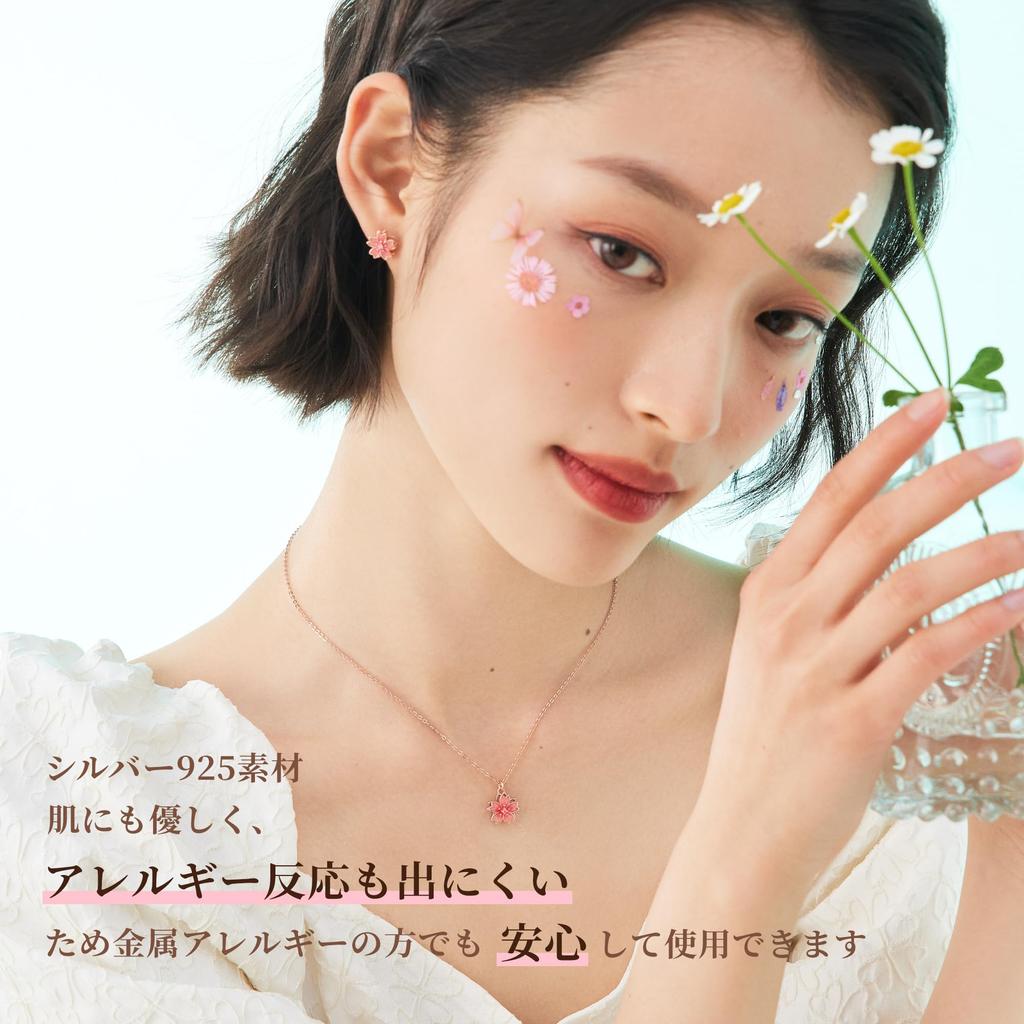 Present Necklace Earrings Flower Gift Set 18K Gold Metal Allergy Friendly Cherry Blossom Motif Popular Presents for Women On White Wedding [Silver