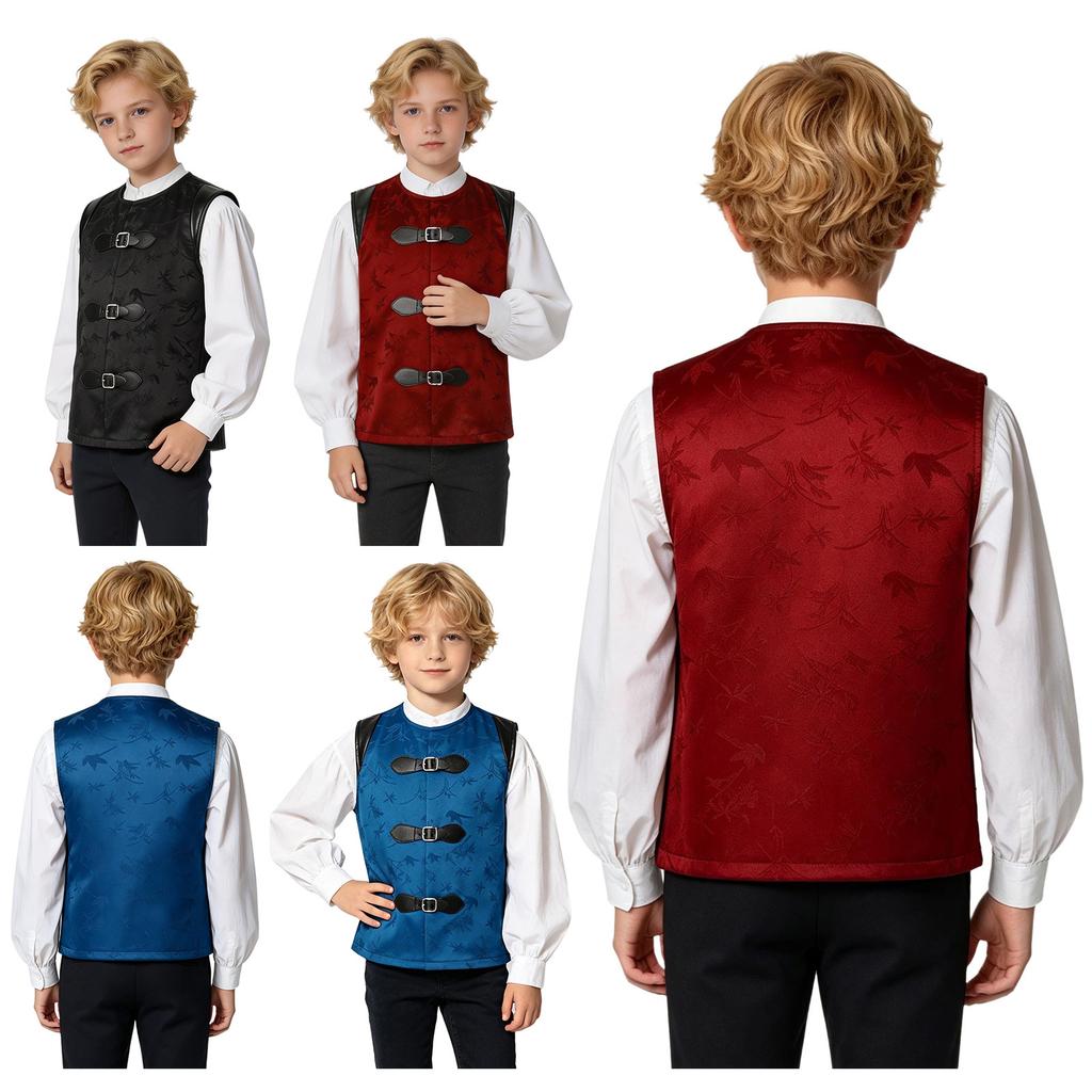 Boys Renaissance Fair Prince Costume Sleeveless Faux Leather Vest with Buckle Front for Halloween Theme Party and Stage Show