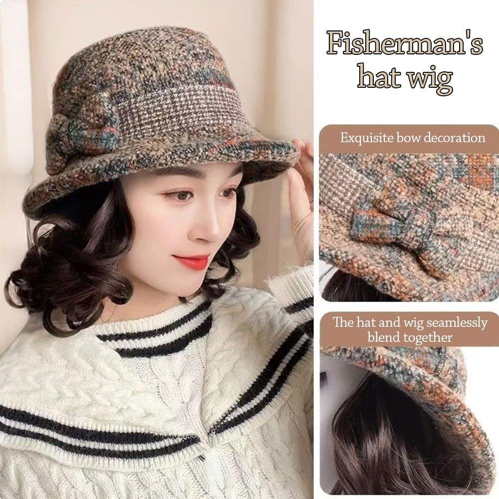 Autumn Winter With Curly Hair Fisherman Hat With Wig Bowknot Attached Wig Wig Bucket Hat Casual Warm Fisherman Cap Women