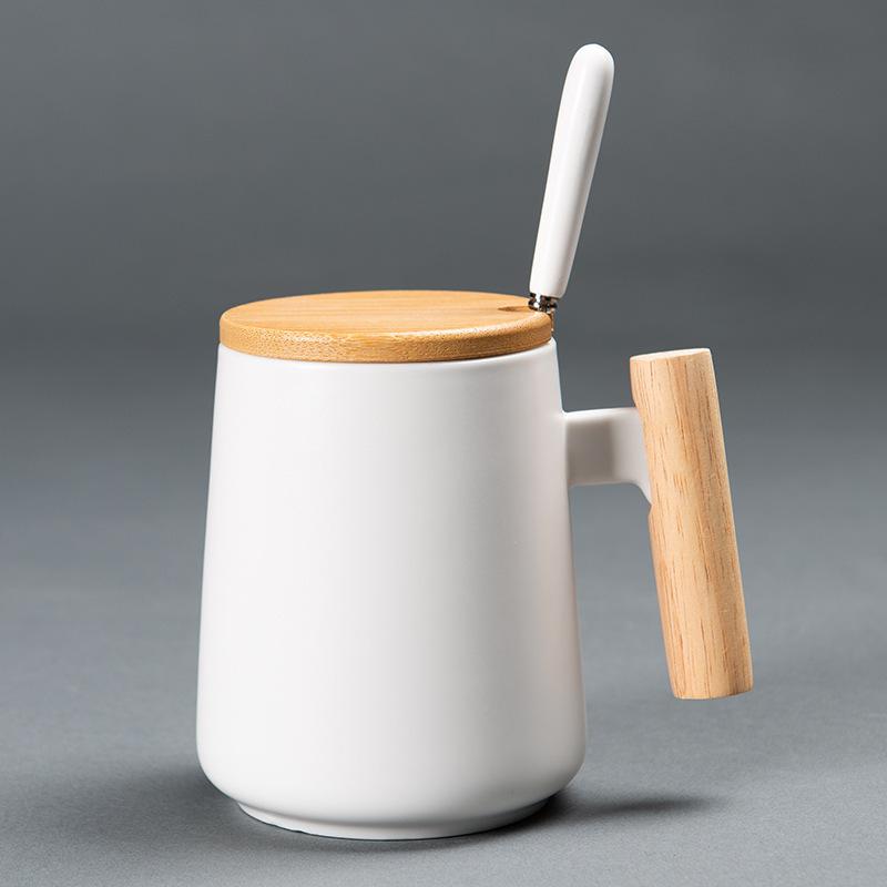 450ML Vintage Wooden Handle Ceramic Coffee Mug Nordic Design Lid Porcelain Tea Milk Cup Drinkware Gift for Couple Office
