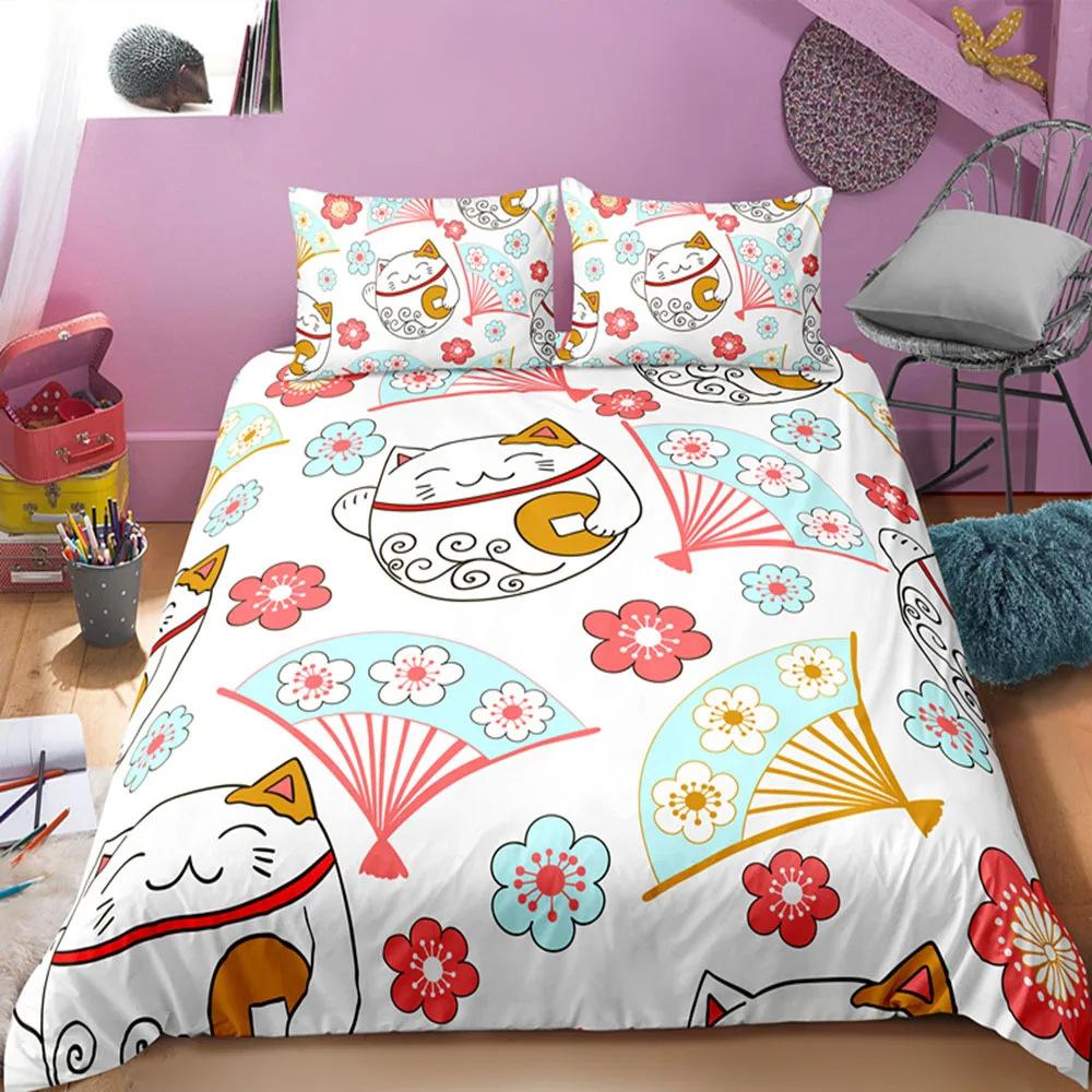 Japanese Lucky Cat Quilt Cover Set Japanese Cute Bedding Set With Pillowcase Quilt Cover Three-Piece Set
