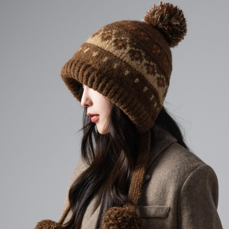 Womens Winter Fair Isle Knit Beanie With Ear Warmers Windproof Warm Hat Outdoor Casual Wear