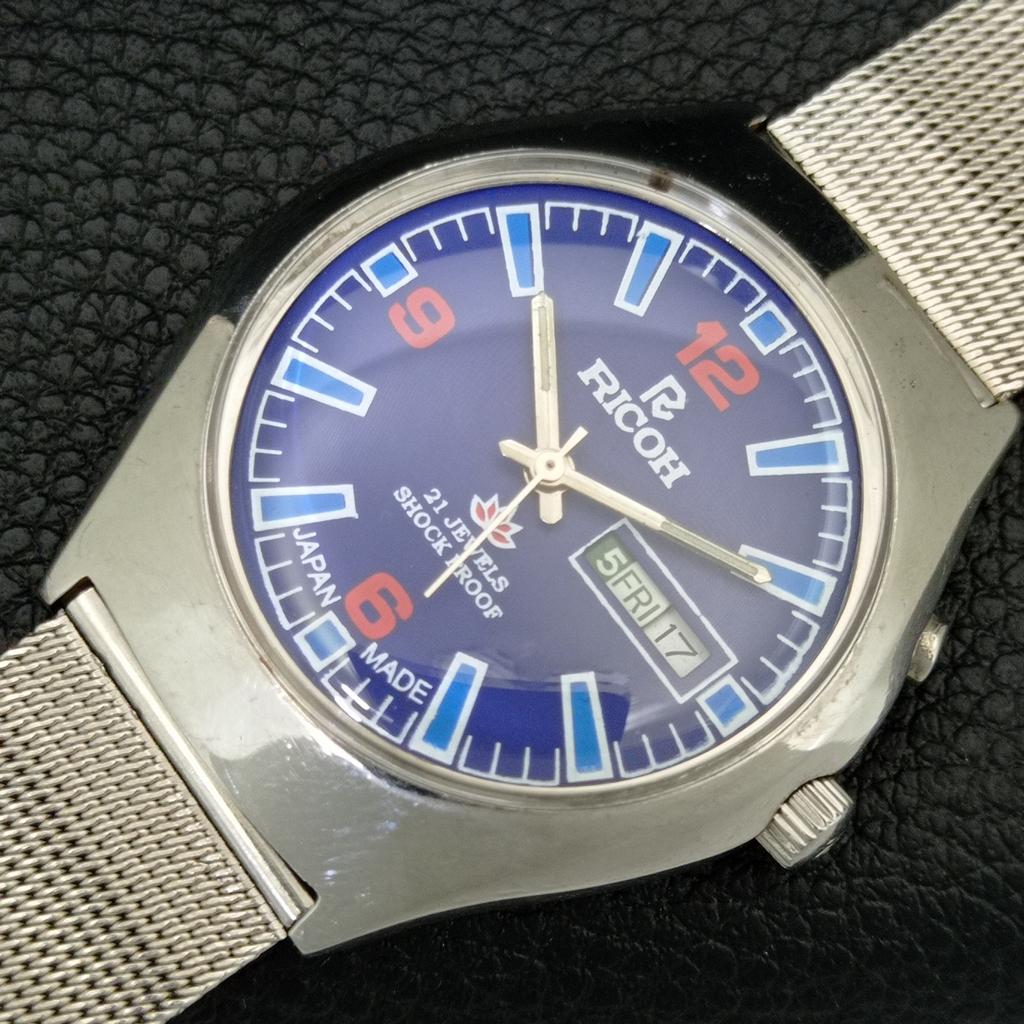 JAPAN VINTAGE RICOH R31 AUTOMATIC MENS BLUE COLOR DIAL WATCH a707730-1