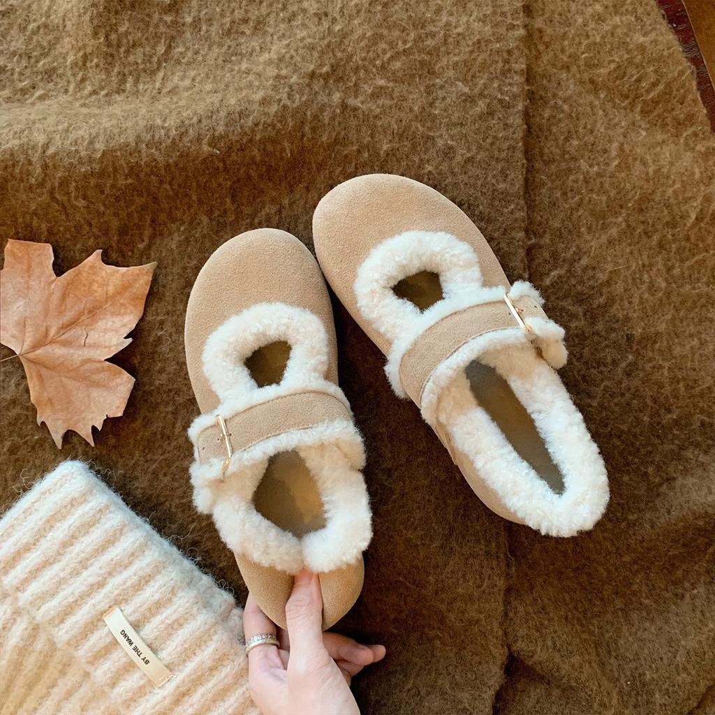 Коровья кожа~ виноградный ма тот же круглый носок с маленьким низким каблуком легкий рот хлопковые туфли пушистые и бархатные туфли Мэри Джейн женские зимние