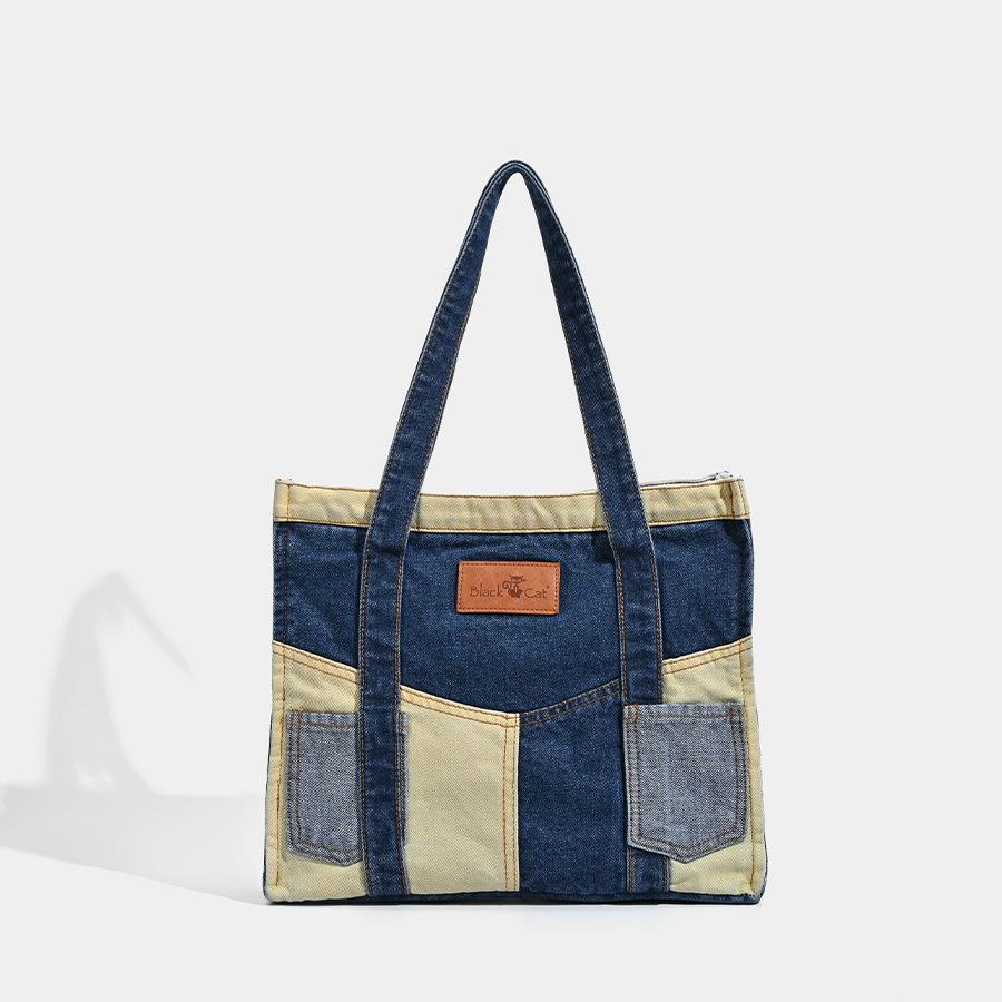 Contrast Color Splicing Denim Bag Personalized Retro Street Slid Shoulder Bag Commuter Large Capacity Tote Bag