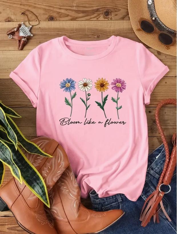 Fashion Women Minimally Colored Chrysanthemums Print T Shirt Funny Casual O-neck Short Sleeves T-shirt Summer Female Tee Shirt