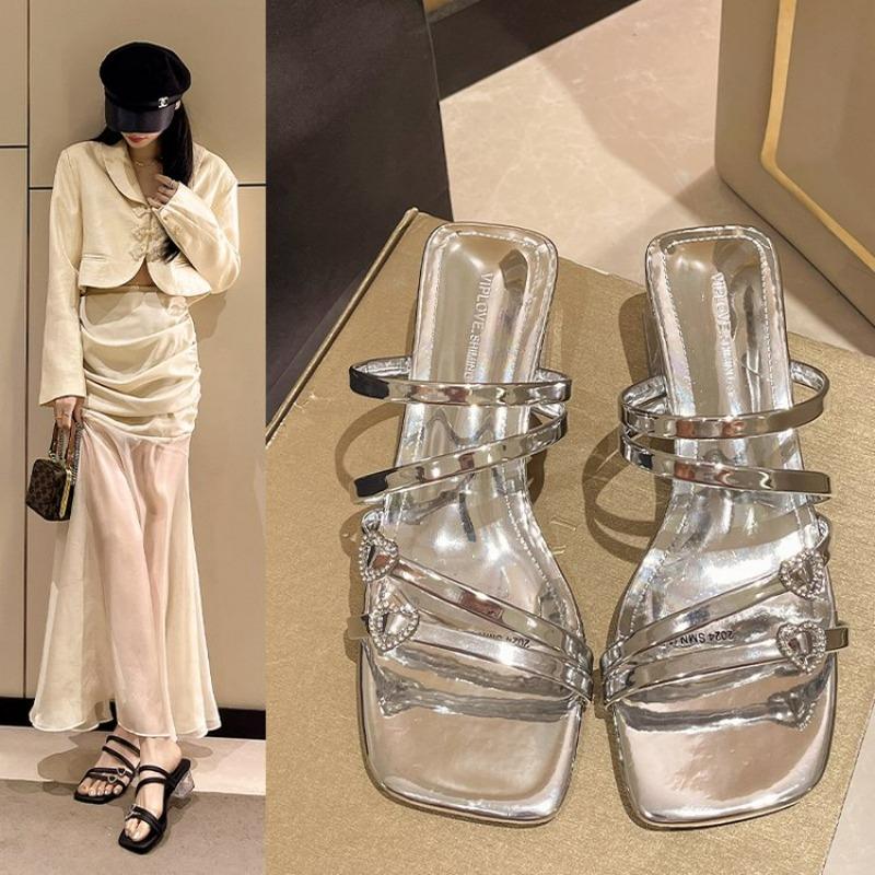 Модные женские туфли-лодочки, тапочки, женские туфли с квадратным носком, женские шлепанцы, летняя обувь, сандалии на высоком каблуке 2024 года, для дома, Zapato Mujer