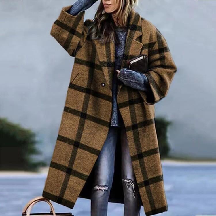 Europe And The United States Fall Women's Long-sleeved Lapel Coat Printed Tweed Long Coat