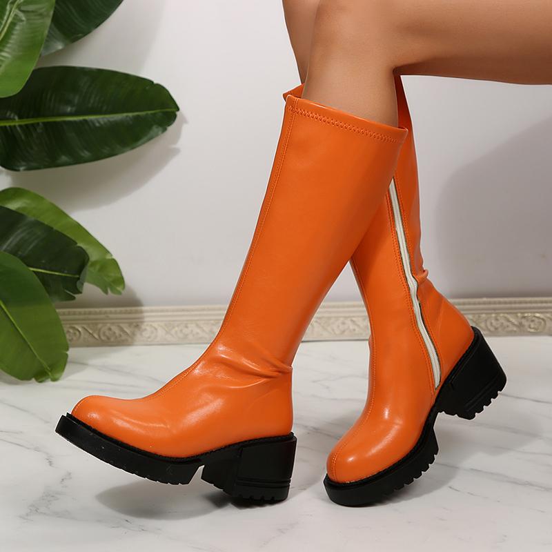 Модные женские ботфорты Модные больших размеров 35-42 Толстый каблук Рыцарские сапоги Женские 2025 Боковая молния Искусственная кожа Длинные боты Женские