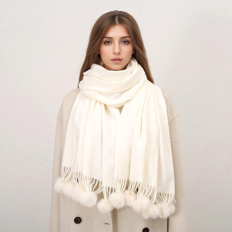 Women Warm Scarf With Rabbit Fur Ball Pashmina Thick Scarves Shawls Winter Cashmere Pompom Scarf Ladies Oversize Blanket Wrap
